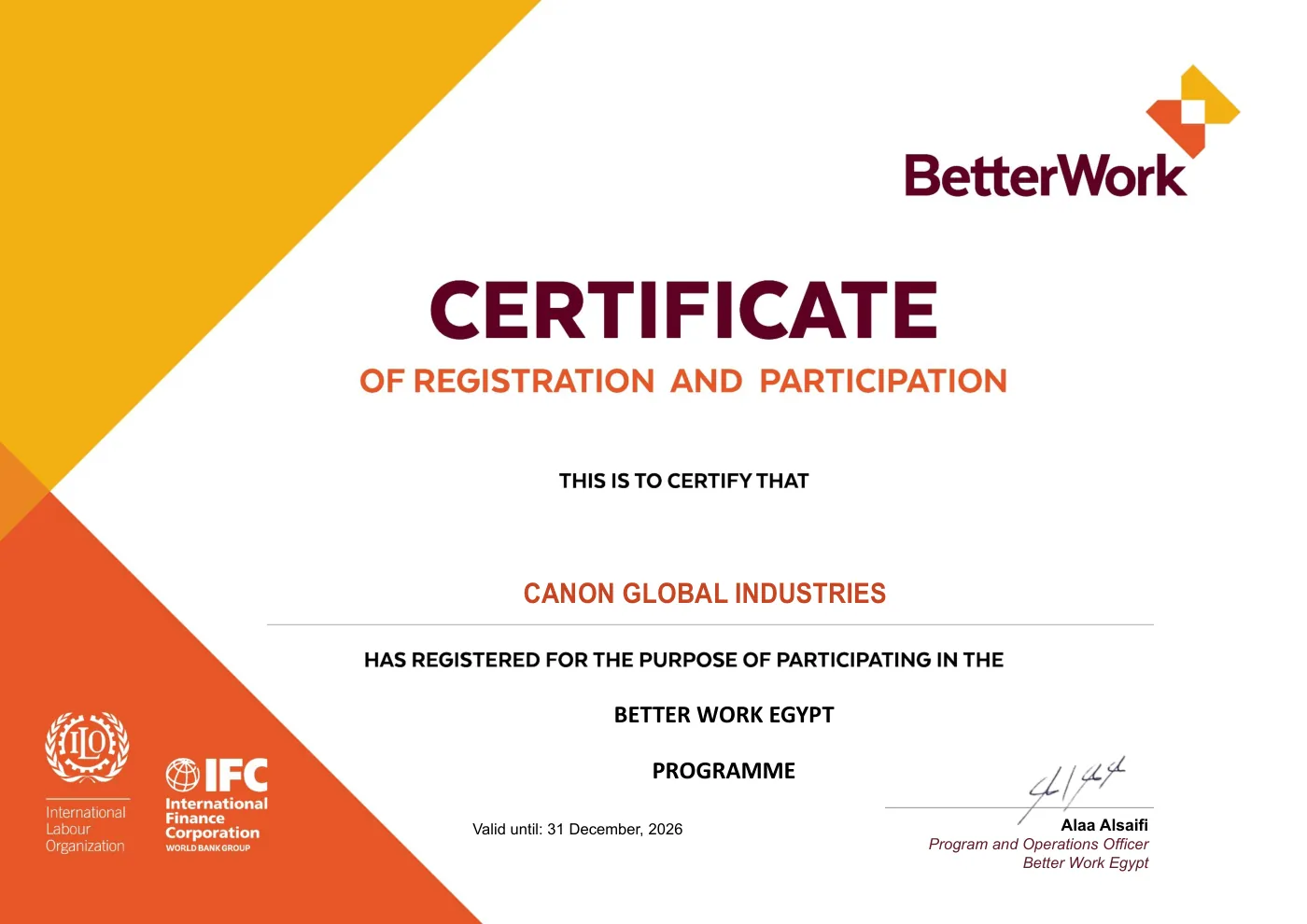 Canon Global Industries — Better Work Egypt certificate, Valid to 31-12-2026