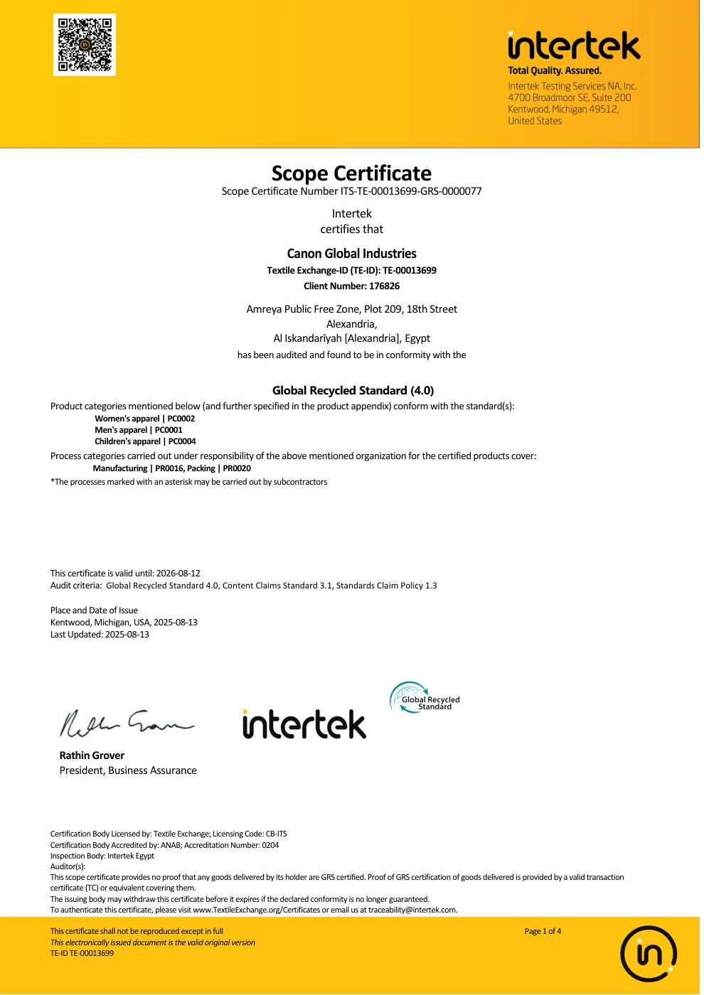 Canon Global Industries — Global Recycled Standard 4.0 certificate, Valid to 12-08-2026