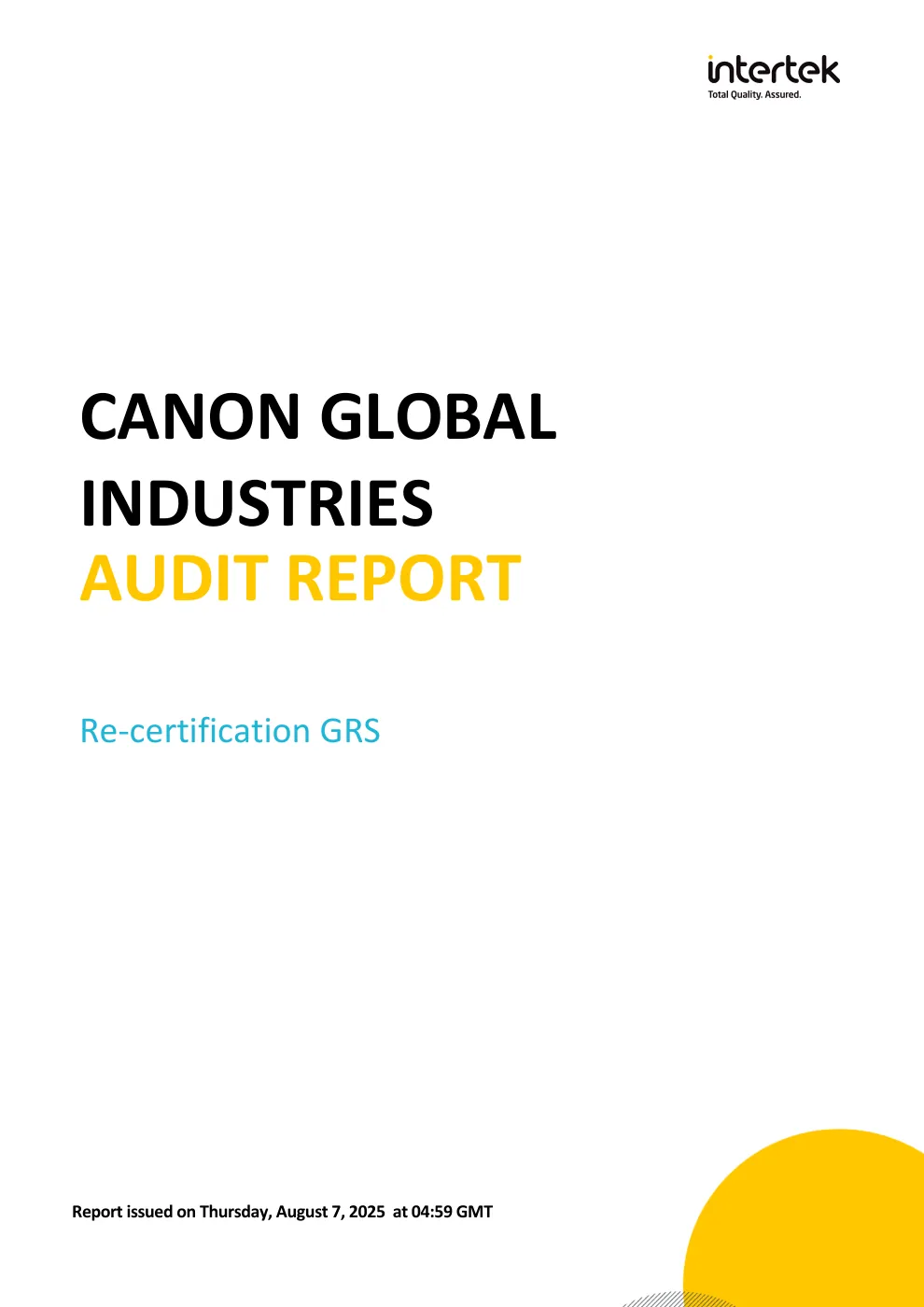 Canon Global Industries — GRS Re-certification Audit Report certificate, Issued 07-08-2025 · cover page