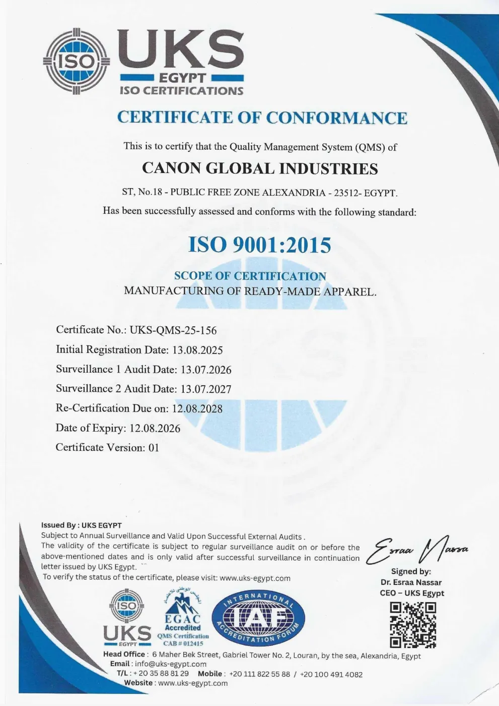 Canon Global Industries — ISO 9001:2015 certificate, Valid to 12-08-2026