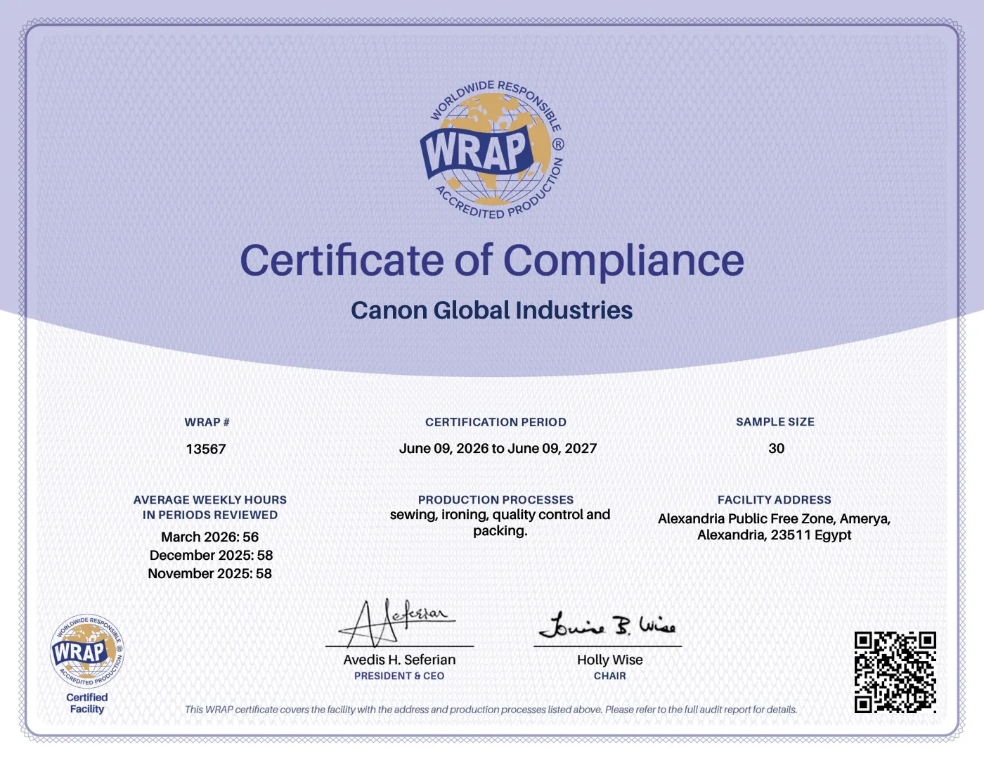 Canon Global Industries — WRAP Certificate of Compliance certificate, Valid to 09-06-2027
