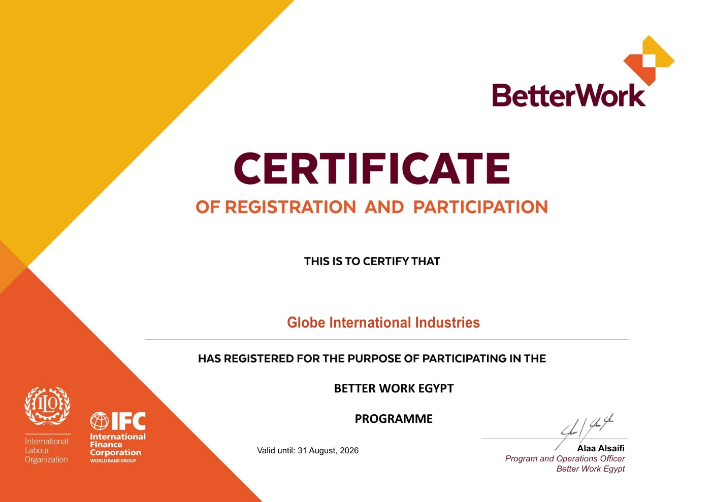 Globe International Industries — Better Work Egypt certificate, Valid to 31-08-2026