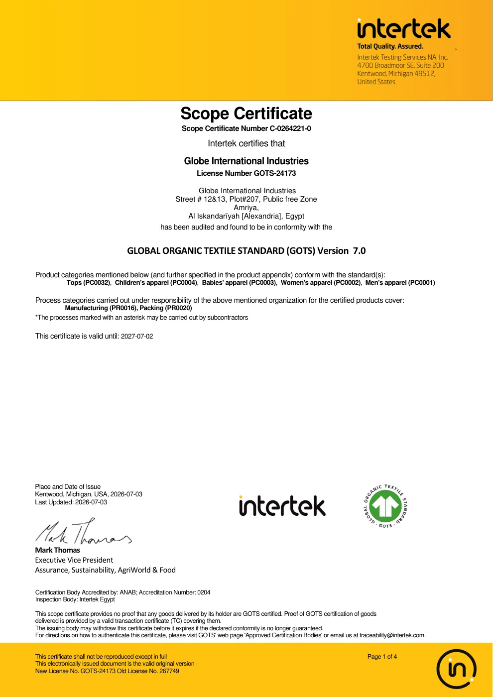 Globe International Industries — GOTS 7.0 — Scope Certificate certificate, Valid to 02-07-2027
