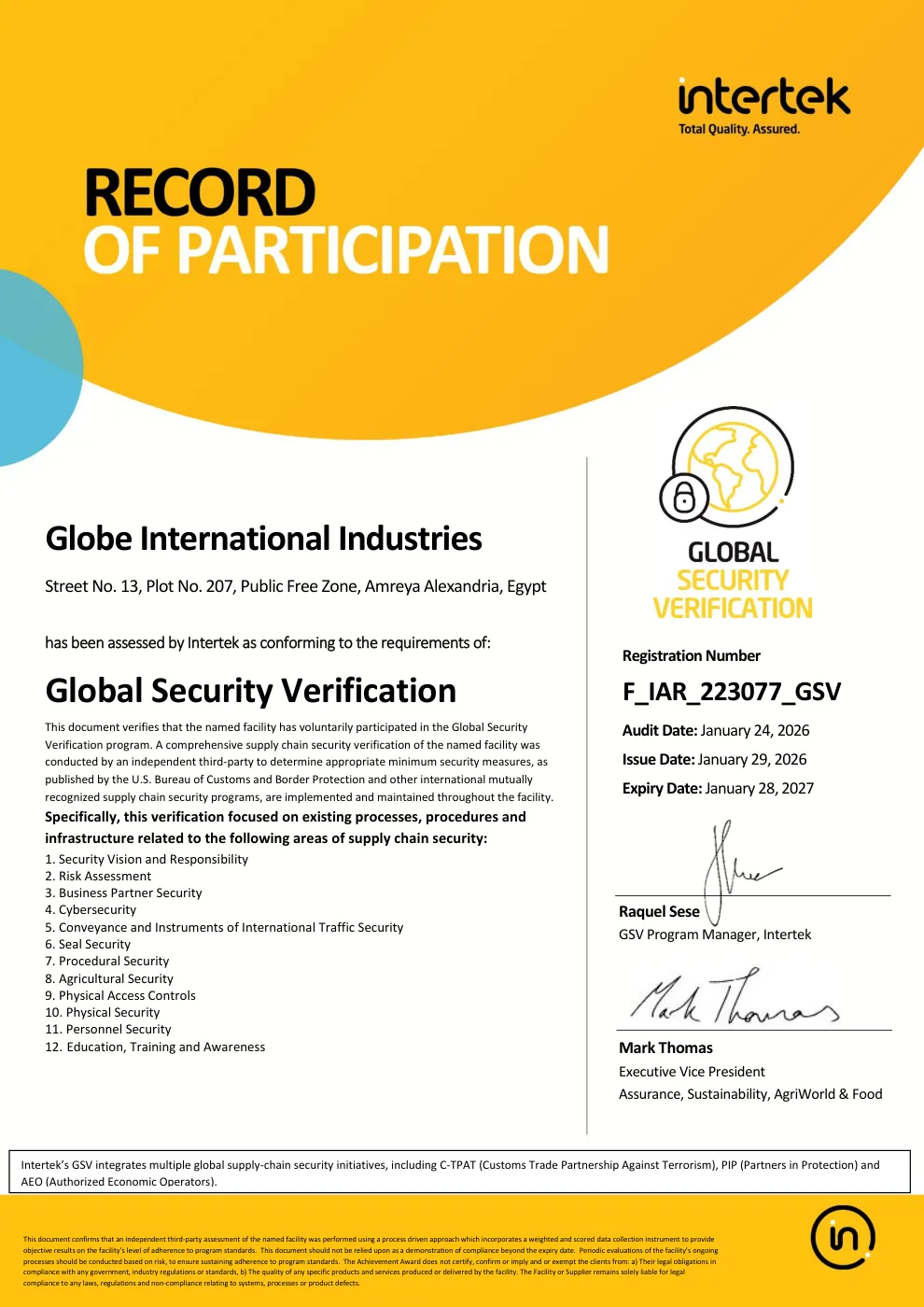 Globe International Industries — Global Security Verification certificate, Valid to 28-01-2027