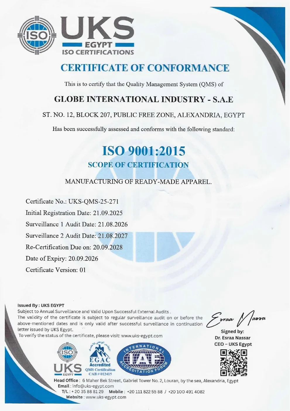 Globe International Industries — ISO 9001:2015 certificate, Valid to 20-09-2026