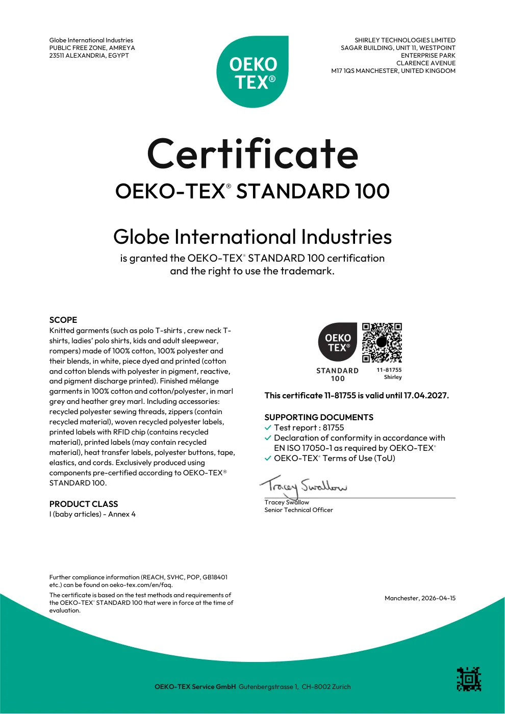 Globe International Industries — OEKO-TEX® STANDARD 100 certificate, Valid to 17-04-2027